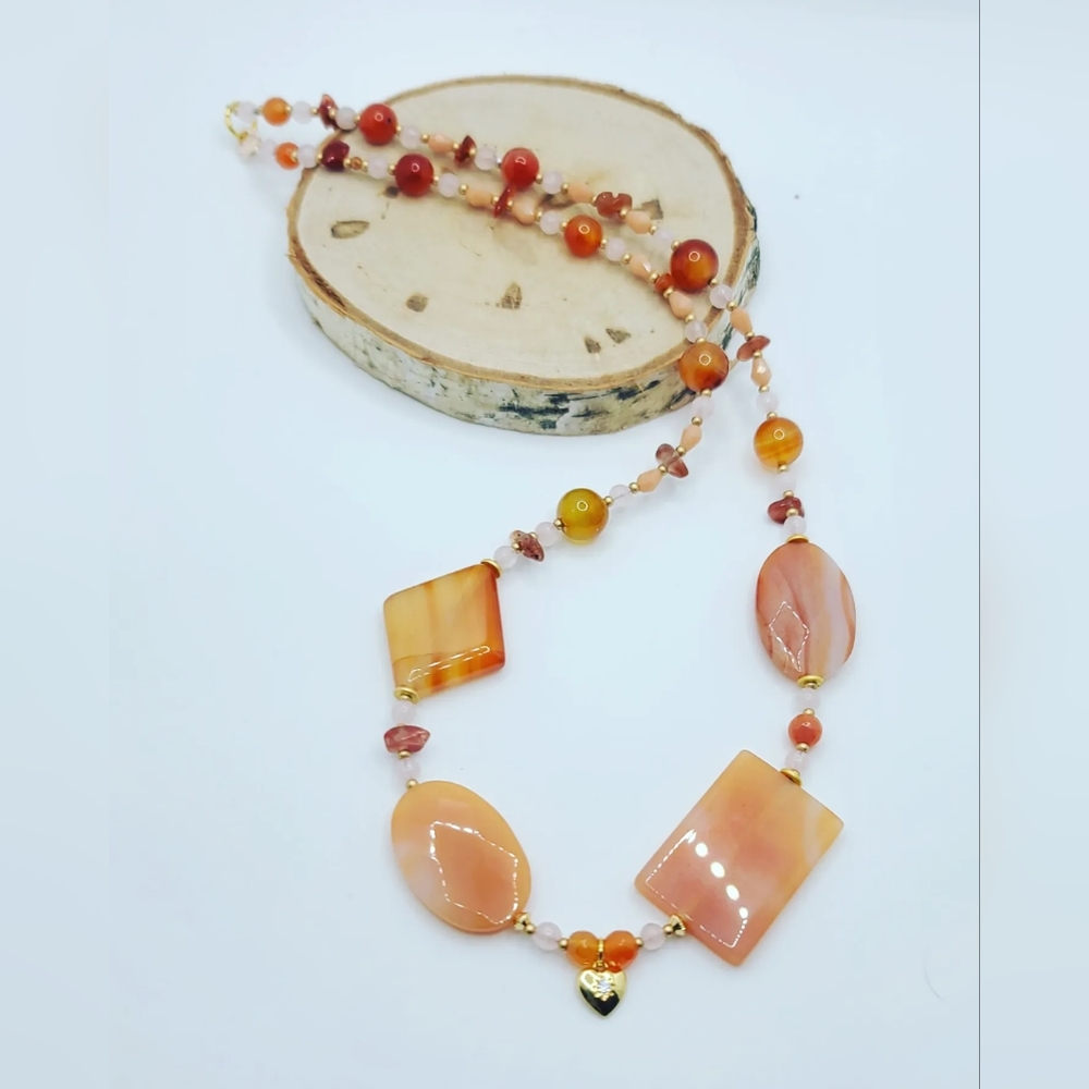 Peach Red Agate, Rose Quartz, gold plated heart charm necklace